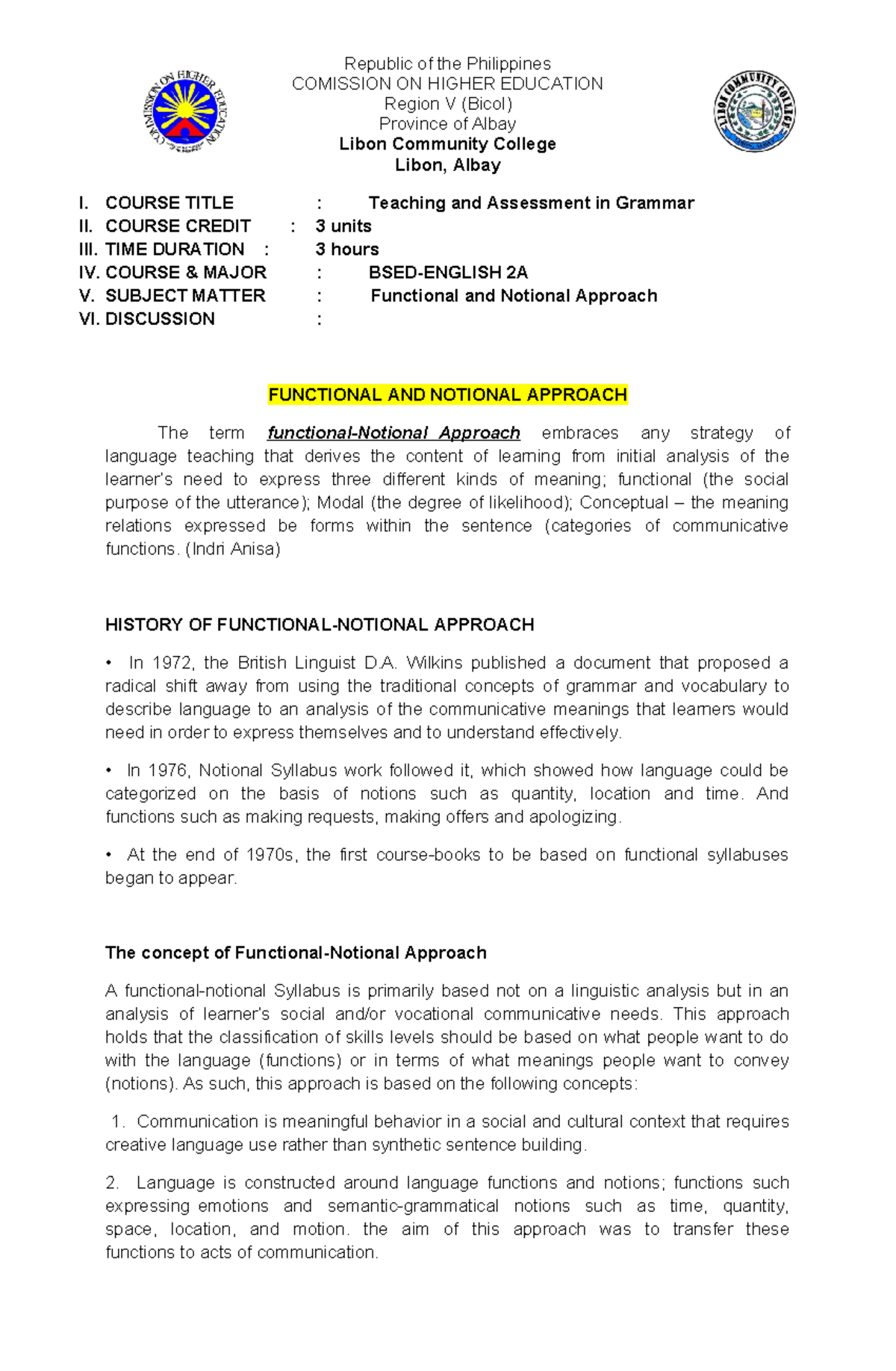 Functional-Notional Approach in Language Teaching (ELT 2A) - Studocu