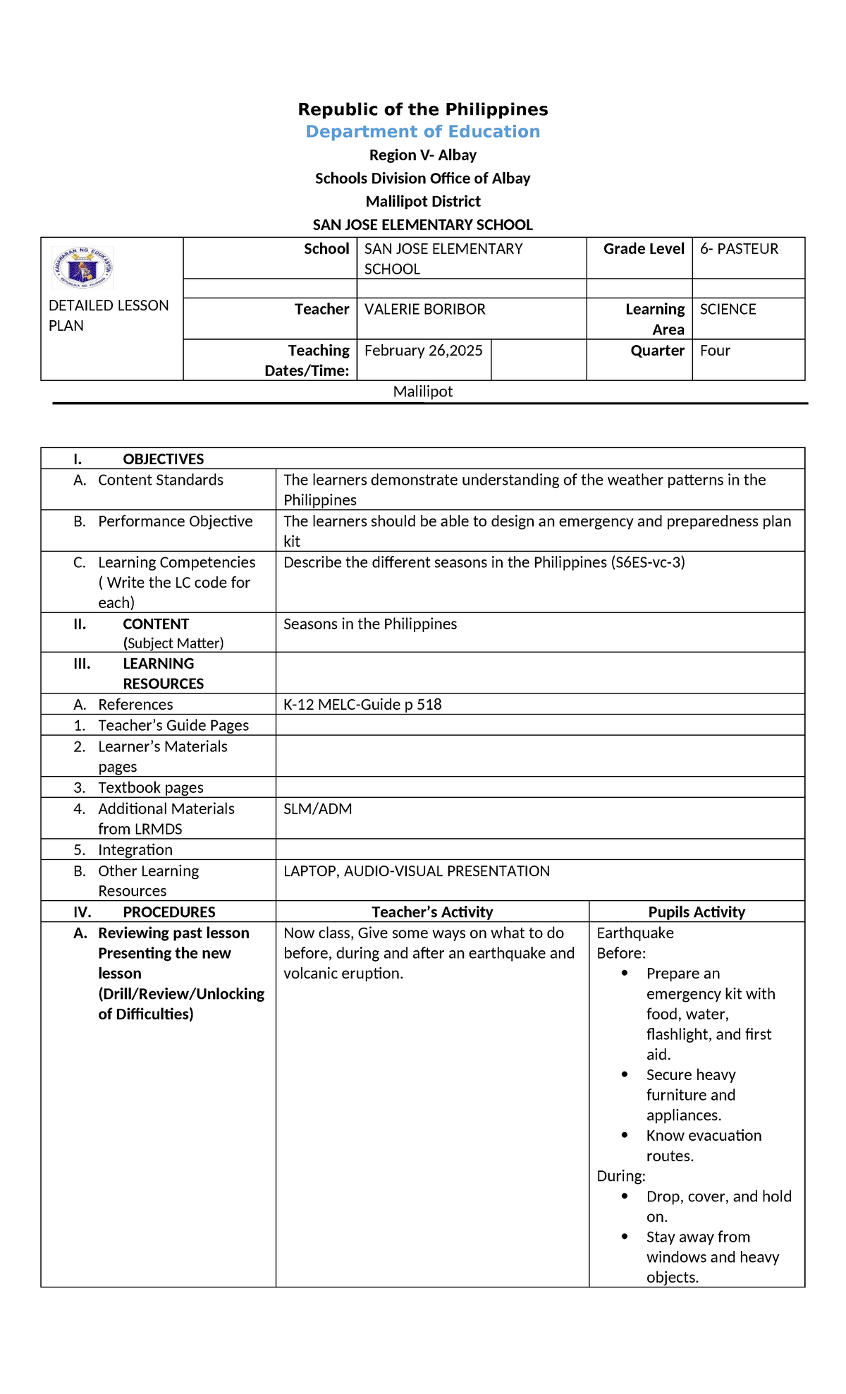 LP in Science 3 - Detailed Lesson Plan on Weather Patterns - Studocu