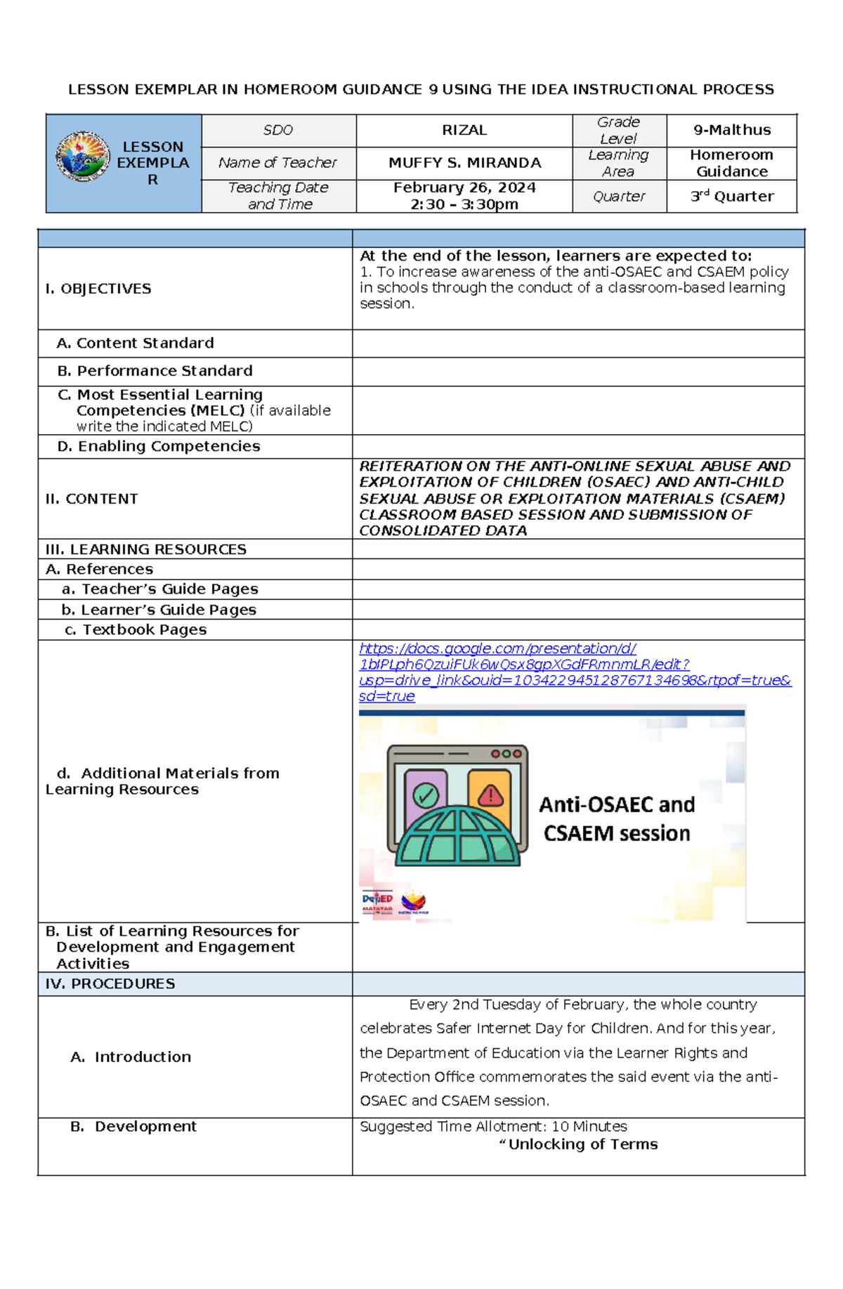 LESSON EXEMPLAR IN HOMEROOM GUIDANCE 9: OSAEC & CSAEM Session - Studocu