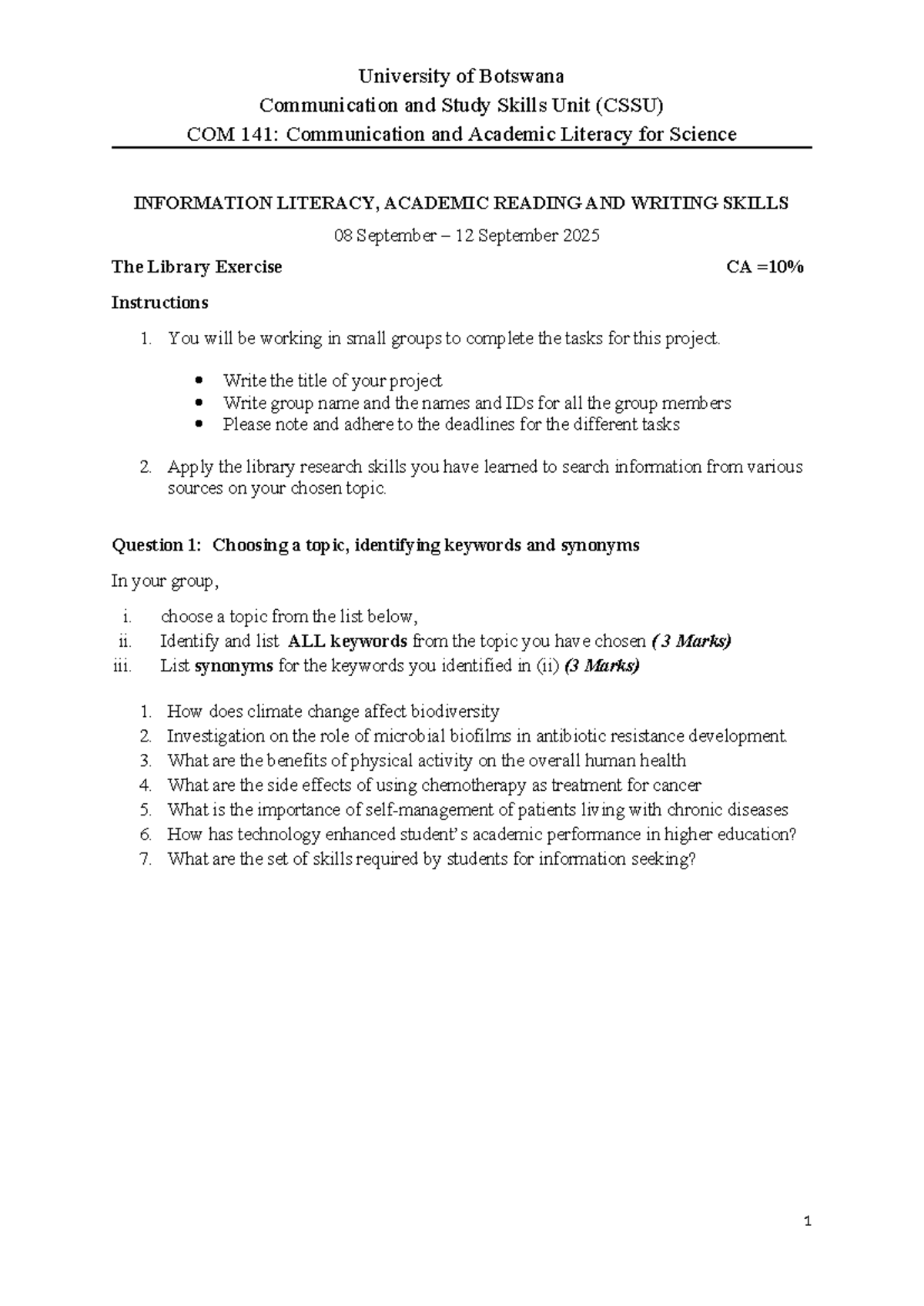 COM 141 Library Exercise: Information Literacy Skills Guide 2025 - Studocu