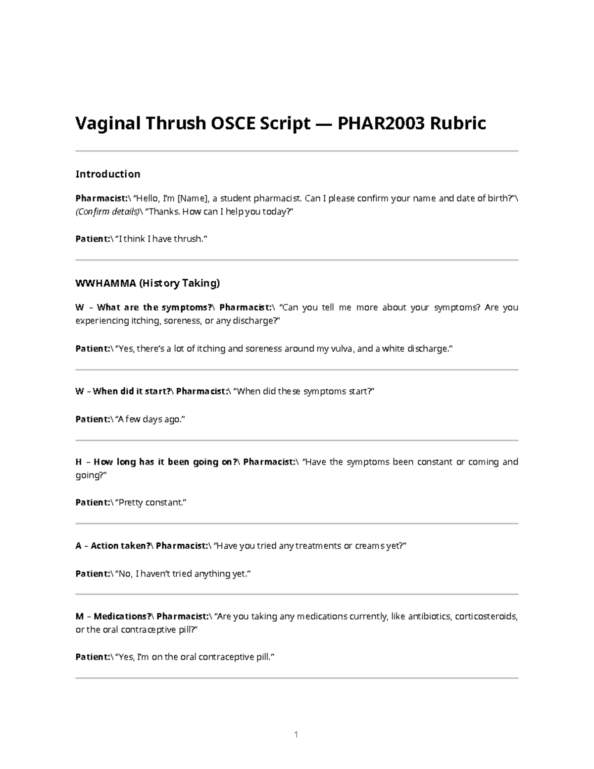 Vaginal Thrush OSCE Script PHAR2003: Student Pharmacist Guide - Studocu