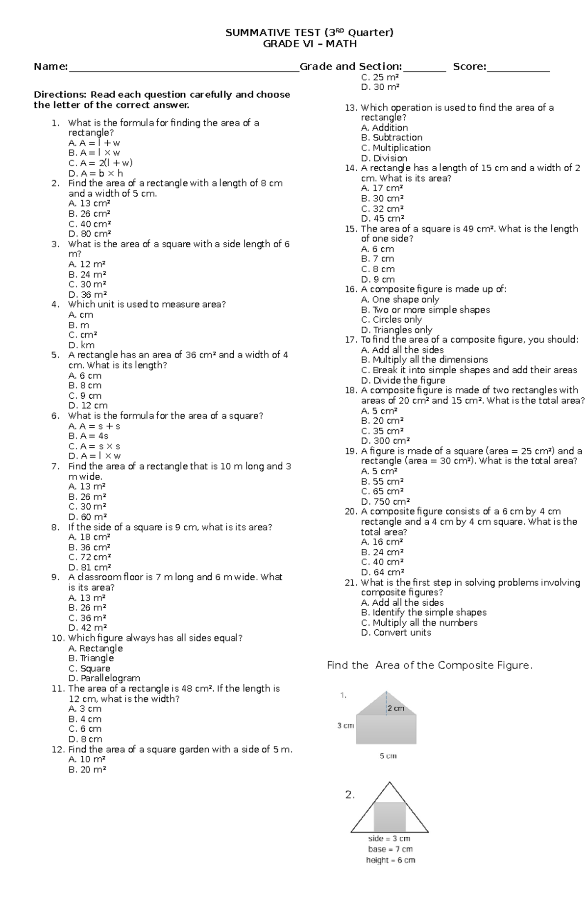 SUMMATIVE TEST (3RD Quarter) GRADE VI MATH - Area Concepts - Studocu