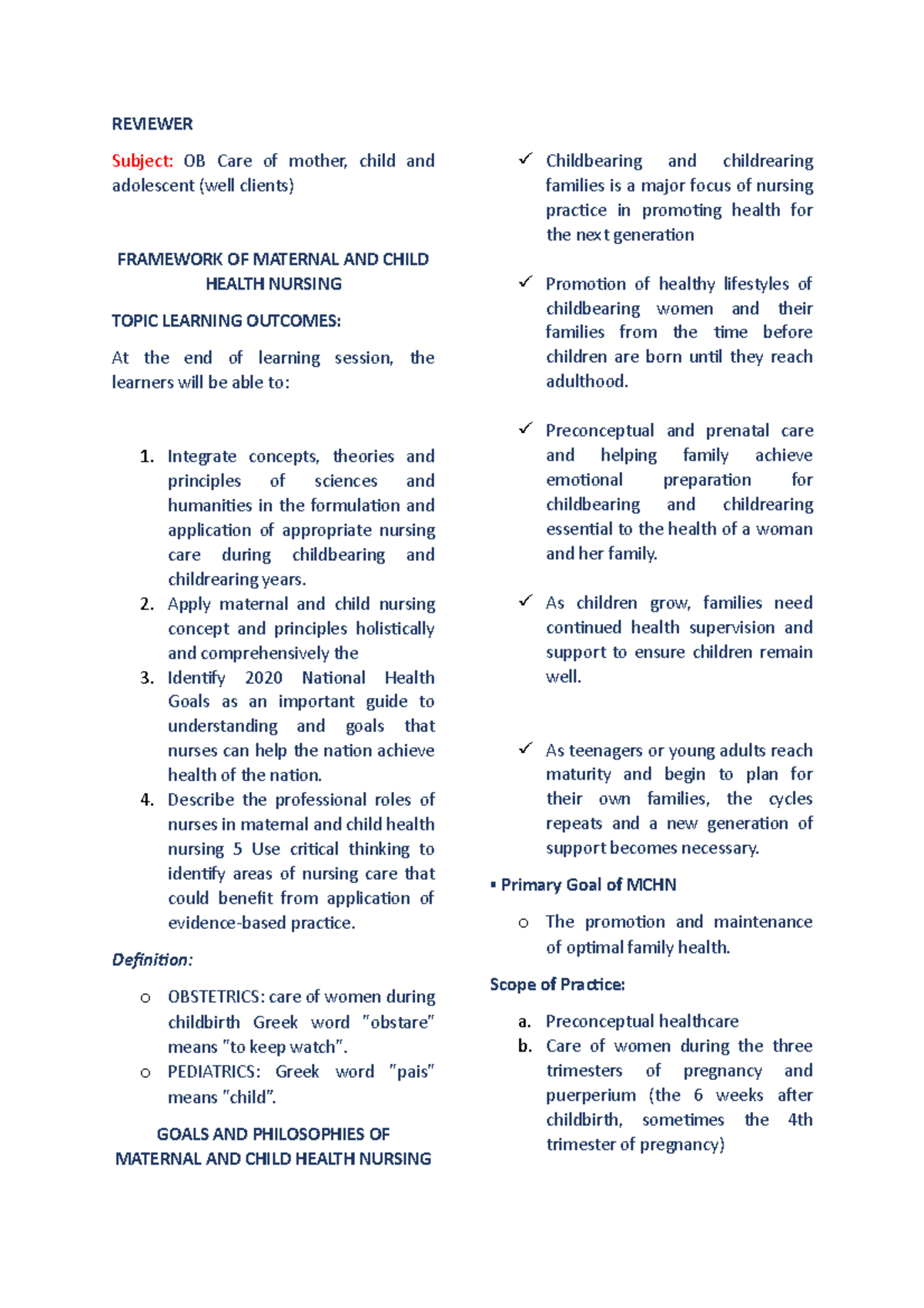 Maternal and Child Health Nursing Overview: Key Concepts & Goals - Studocu