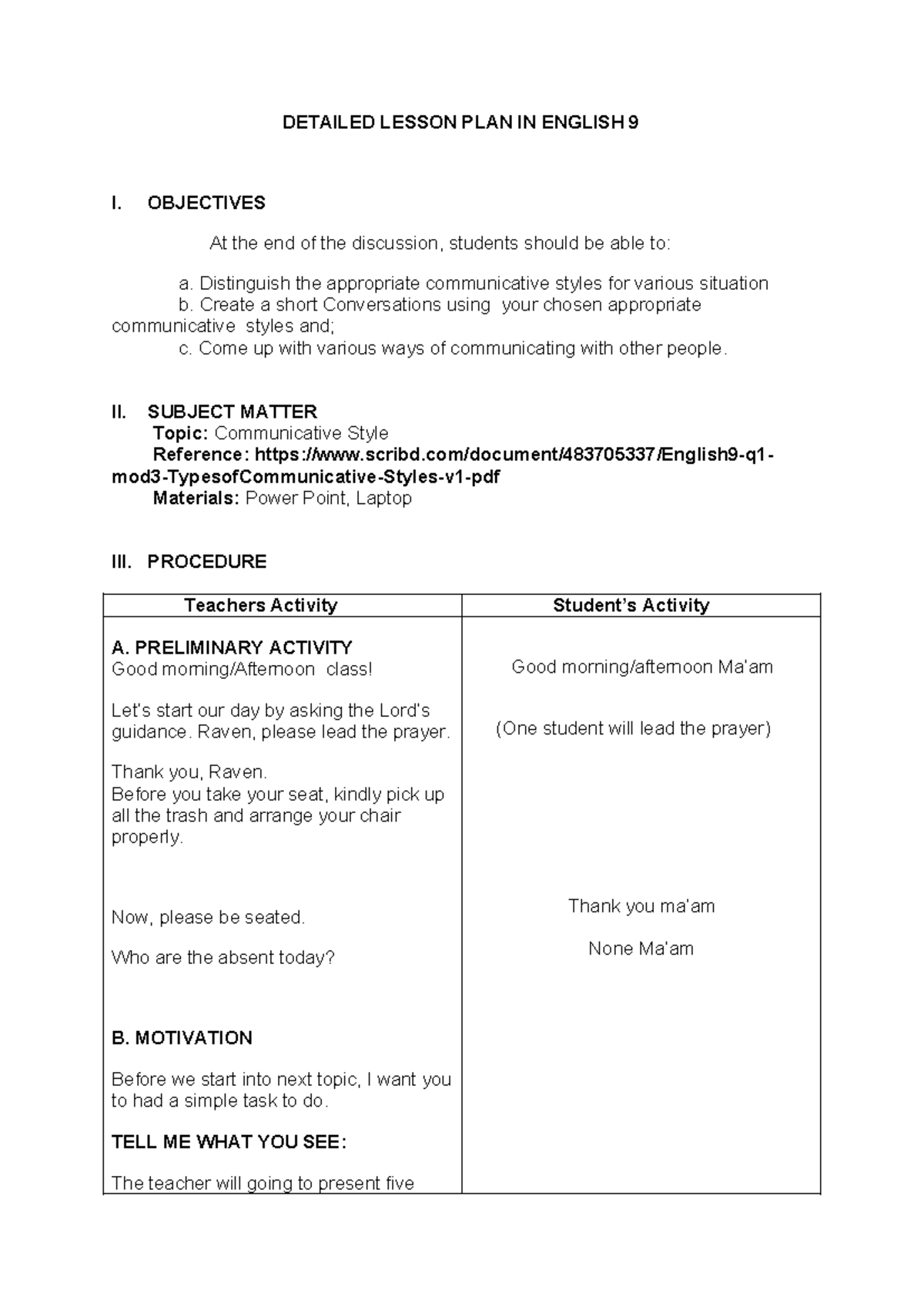Detailed Lesson Plan: Communicative Styles for English 9 - Studocu