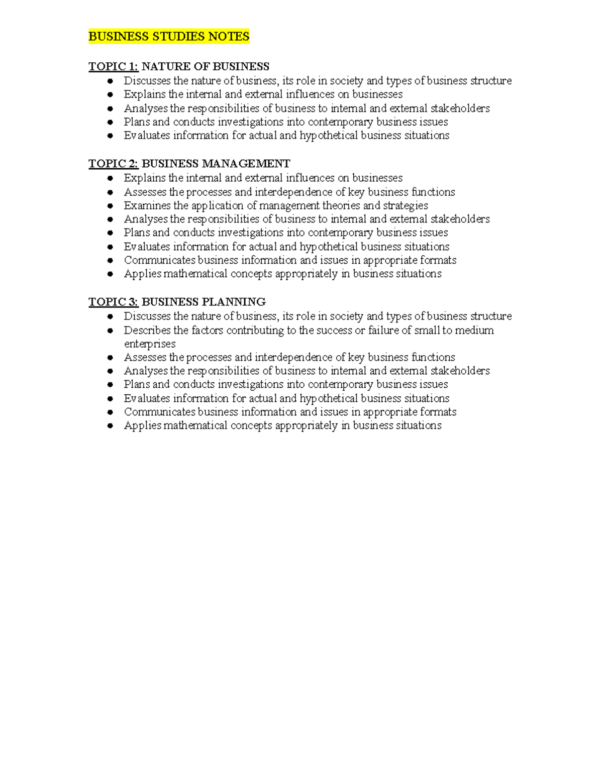 prelim Business Studies Notes - BUSINESS STUDIES NOTES TOPIC 1: NATURE ...