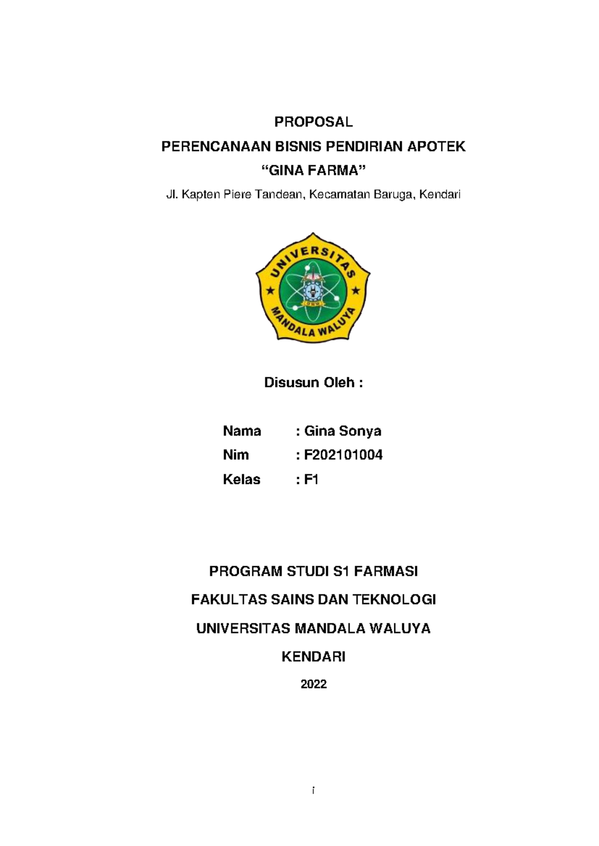Proposal Bisnis Pendirian Apotek Gina Farma di Kendari - Document Preview