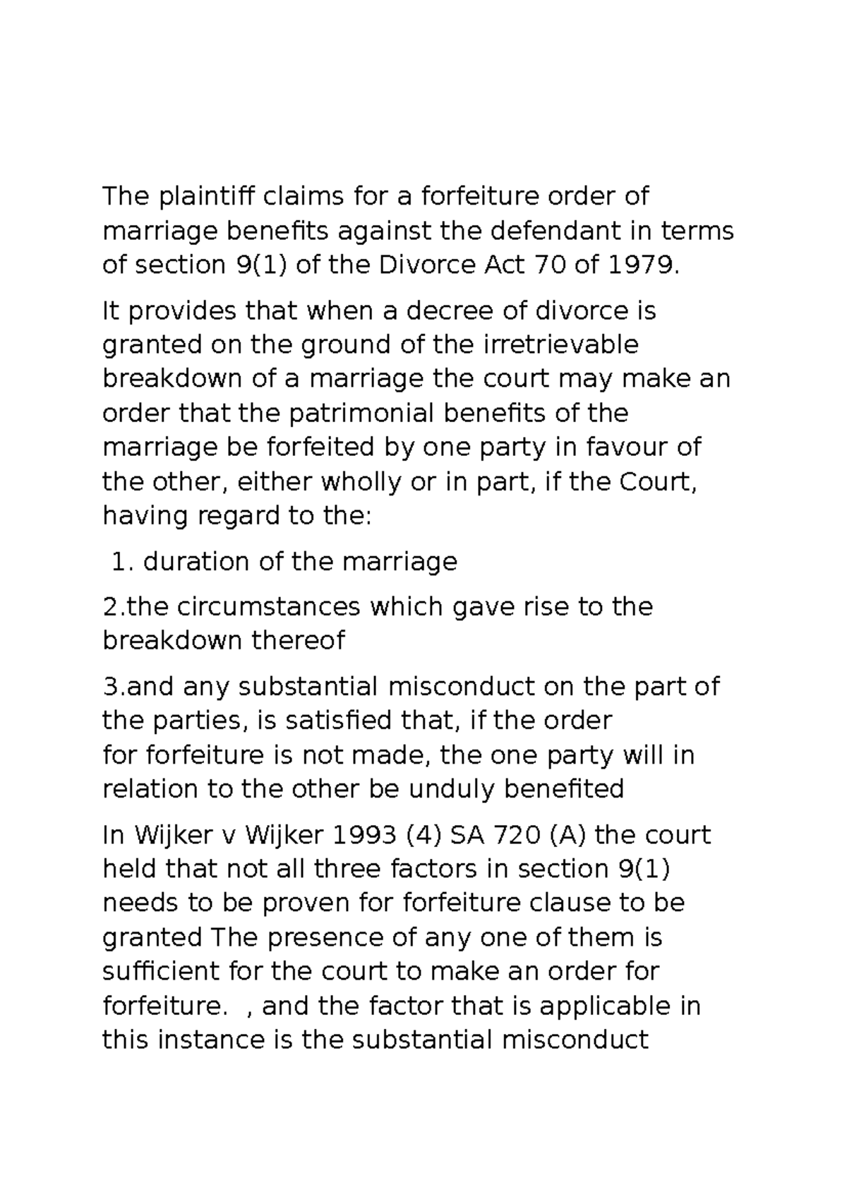 Divorce Act 70/1979: Forfeiture Order & Pension Benefits Analysis - Studocu