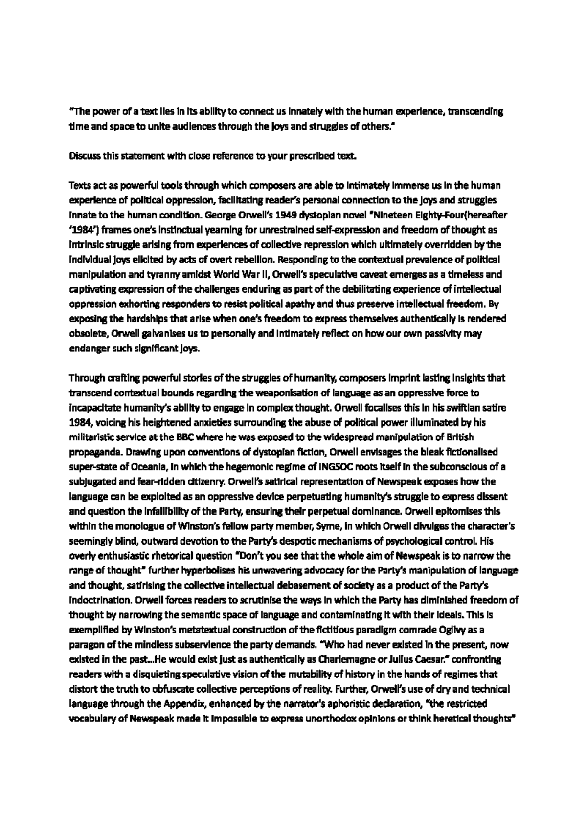 HSC Essay: Exploring Human Connection in Orwell's 1984 - Studocu