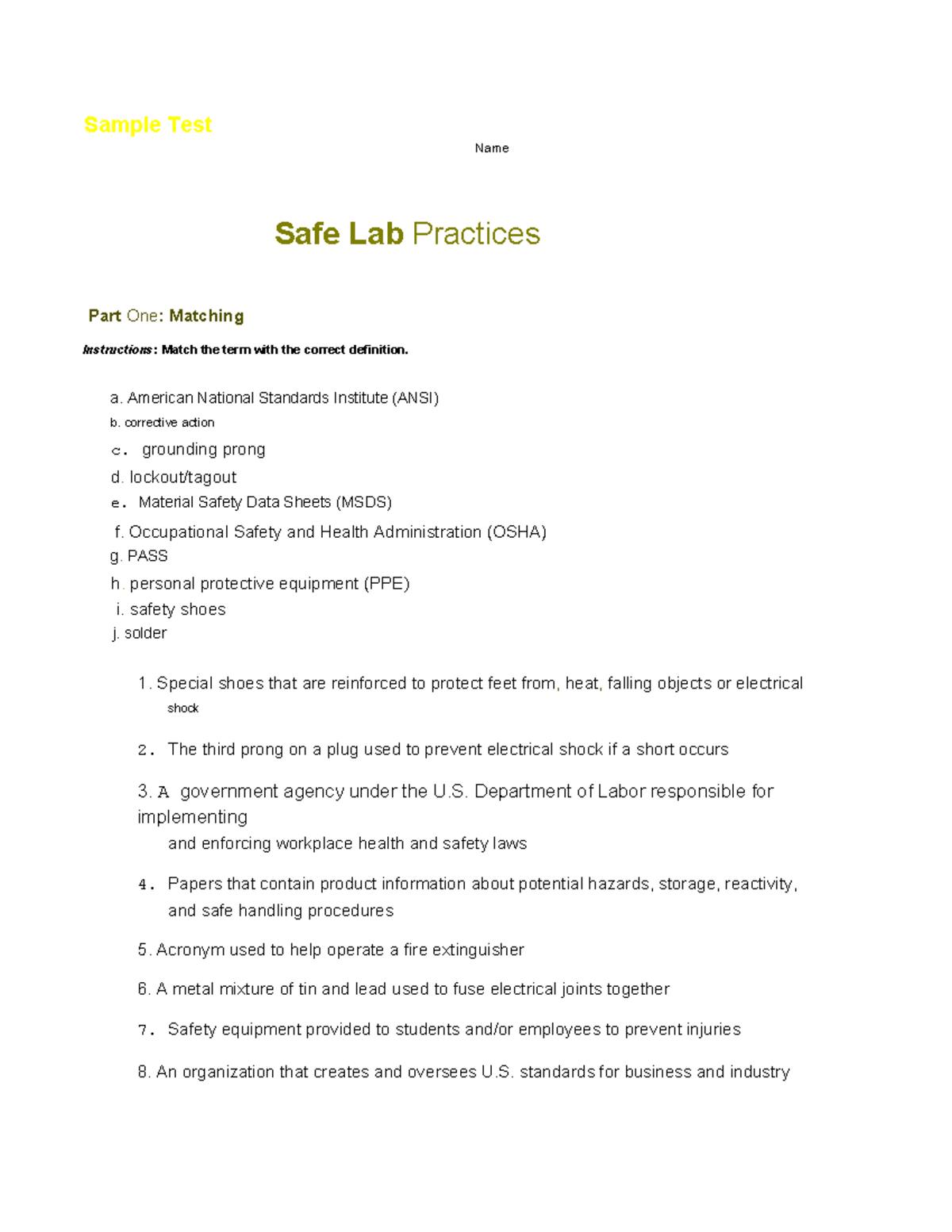 L670080 - Safe Lab Practices Worksheet: Vocabulary & Matching Test ...