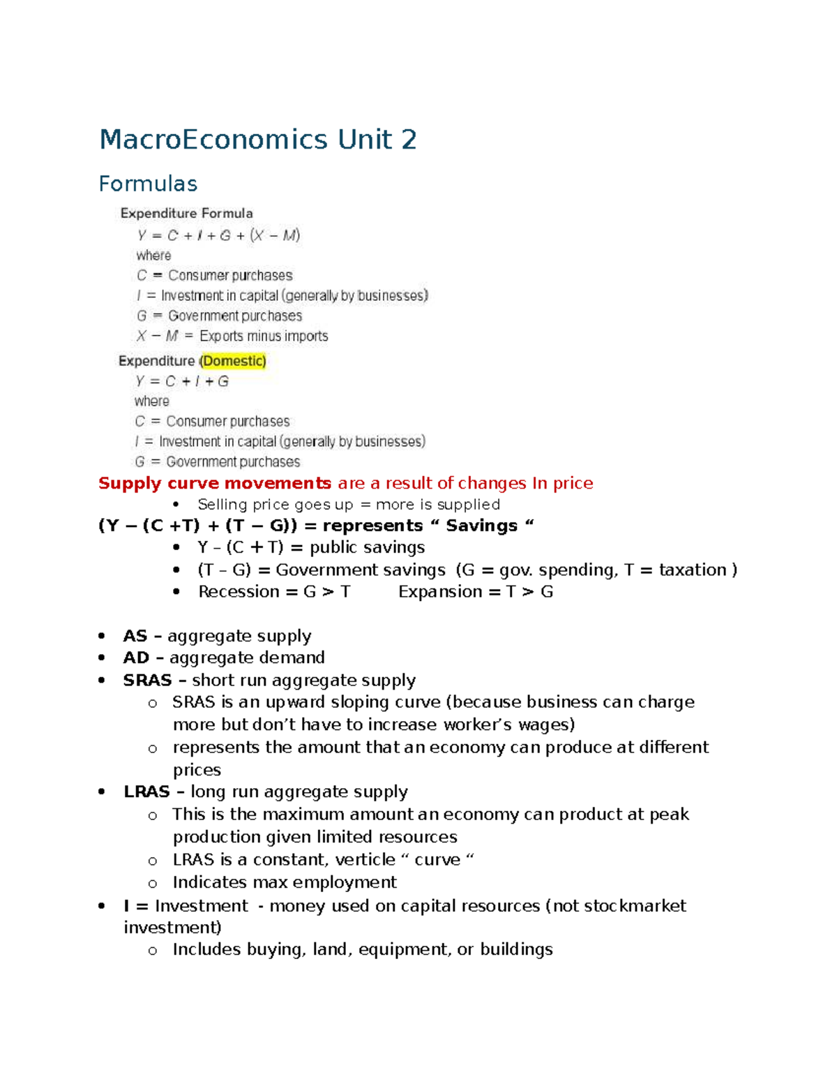 Macroeconomics Unit 2: Key Formulas and Concepts Overview - Studocu