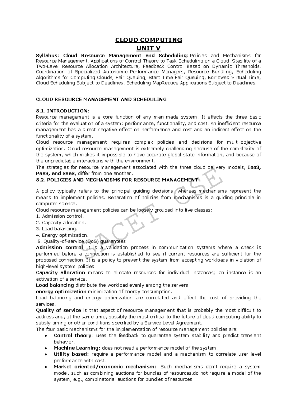 CLOUD COMPUTING CC UNIT V: Resource Management & Scheduling Insights ...