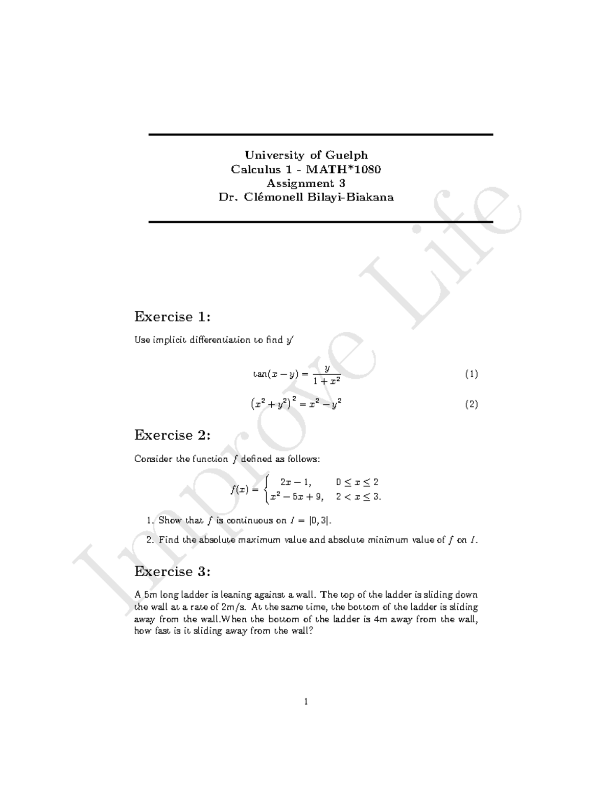 Li fe University of Guelph Calculus 1 Assignment 3 - Implicit Diff ...