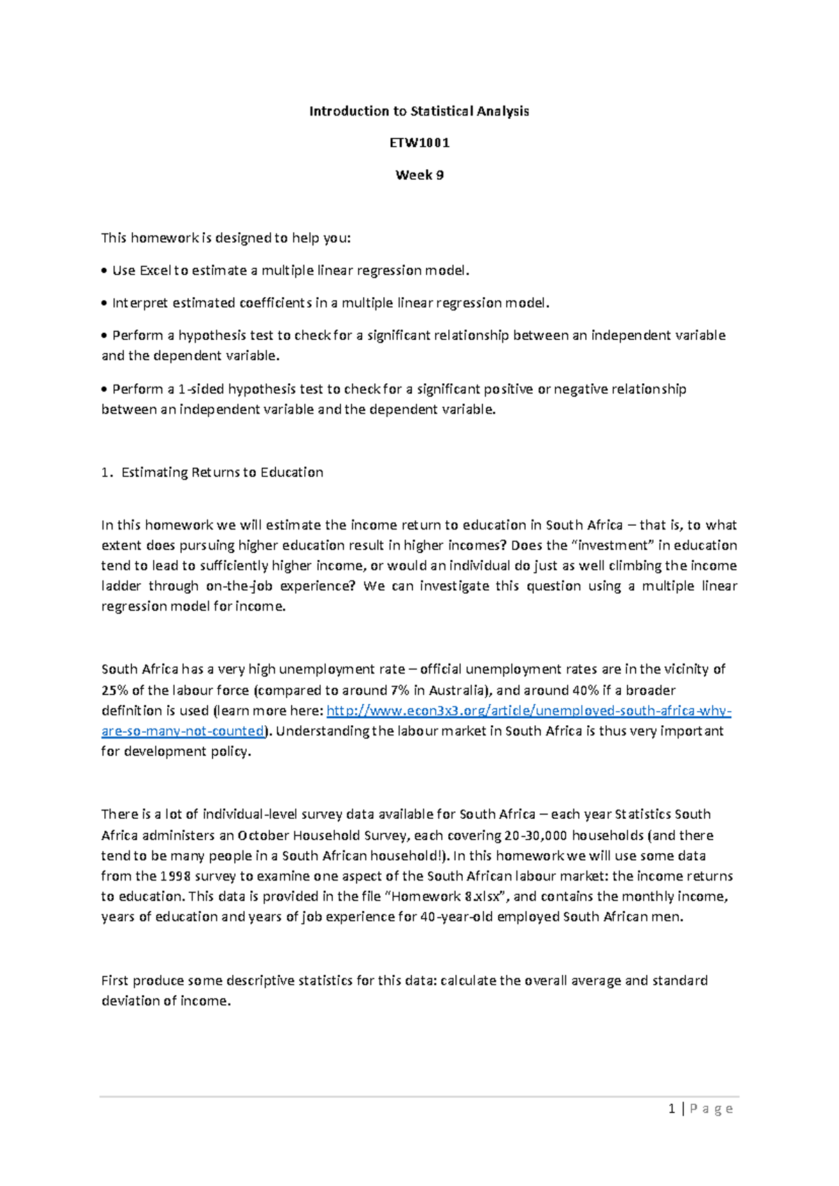 Statistical Analysis ETW1001 Week 9: Multiple Linear Regression ...