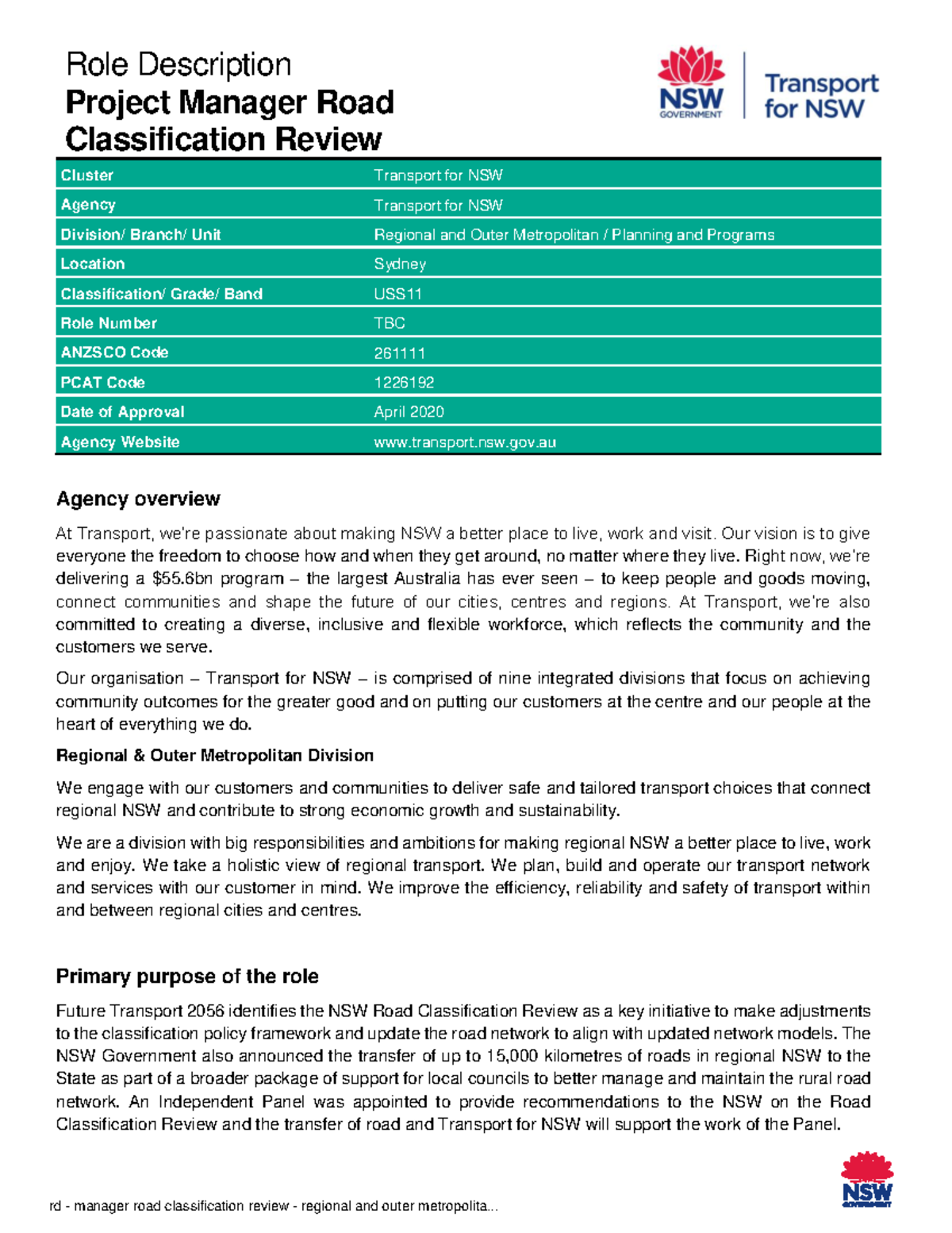RD - Project Manager Role Description: Road Classification Review ...