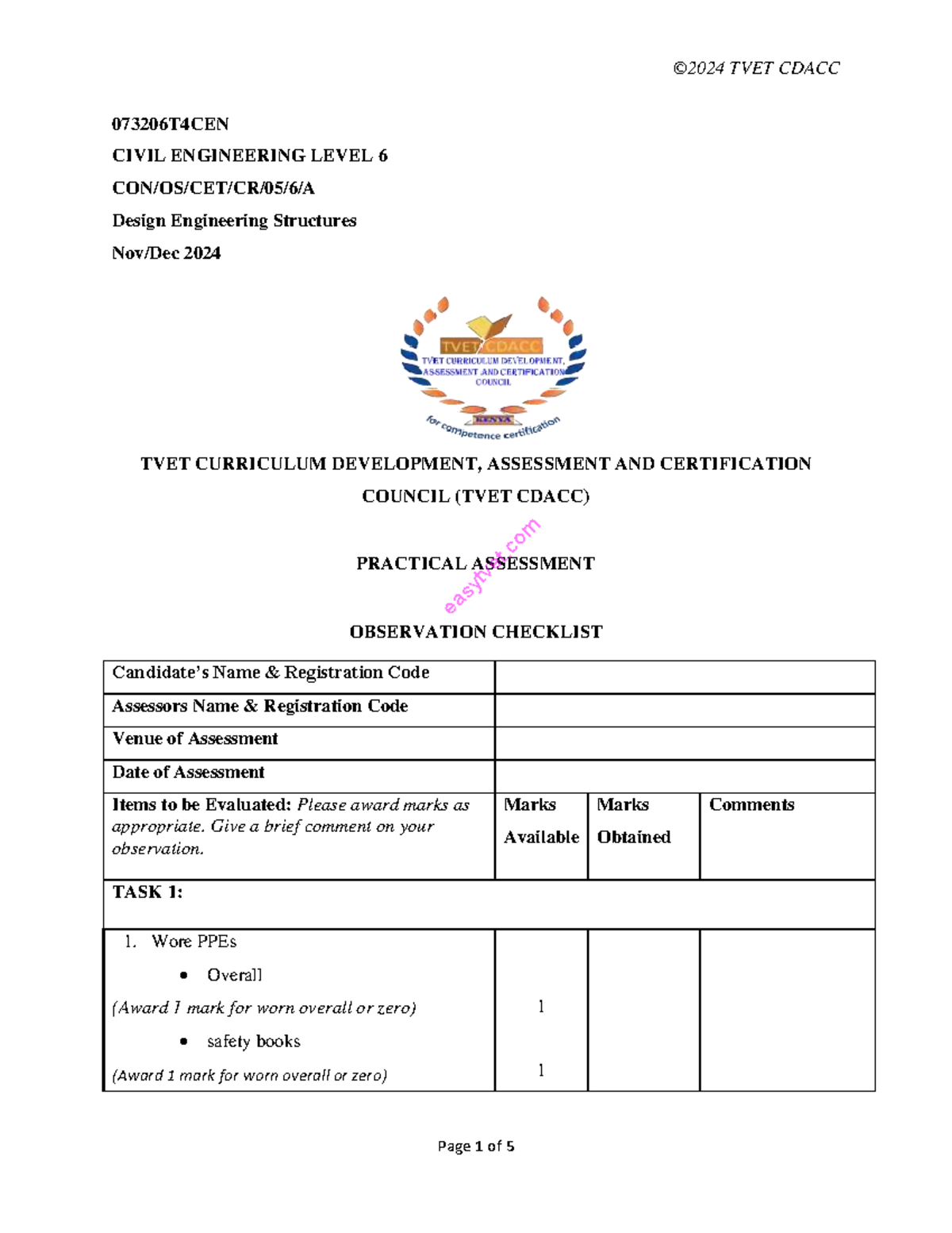 TVET CDACC 073206T4CEN Civil Engineering Level 6 Practical Assessment ...