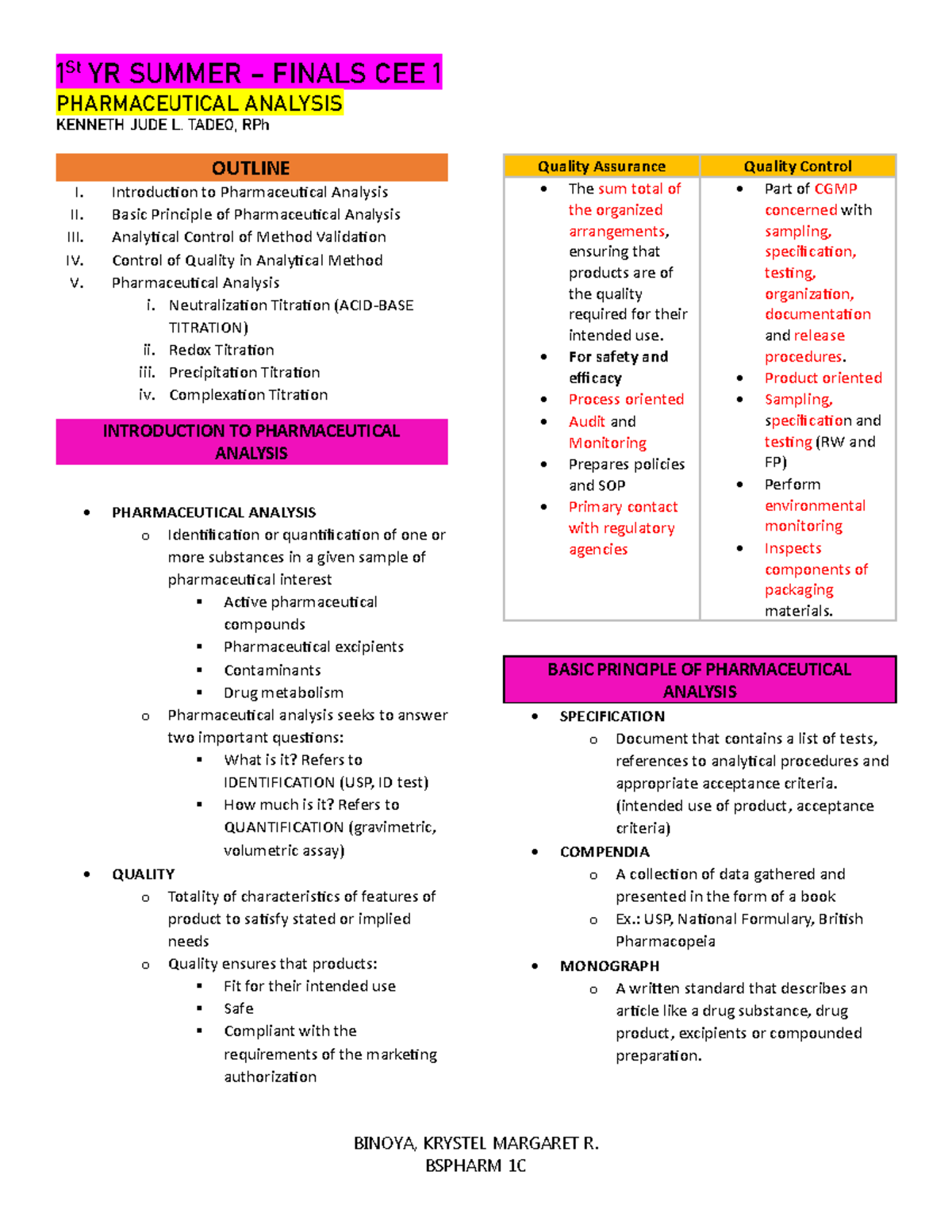 Pharm Analysis-1111 - NOTES - 1 YR SUMMER – FINALS CEE 1 PHARMACEUTICAL ...