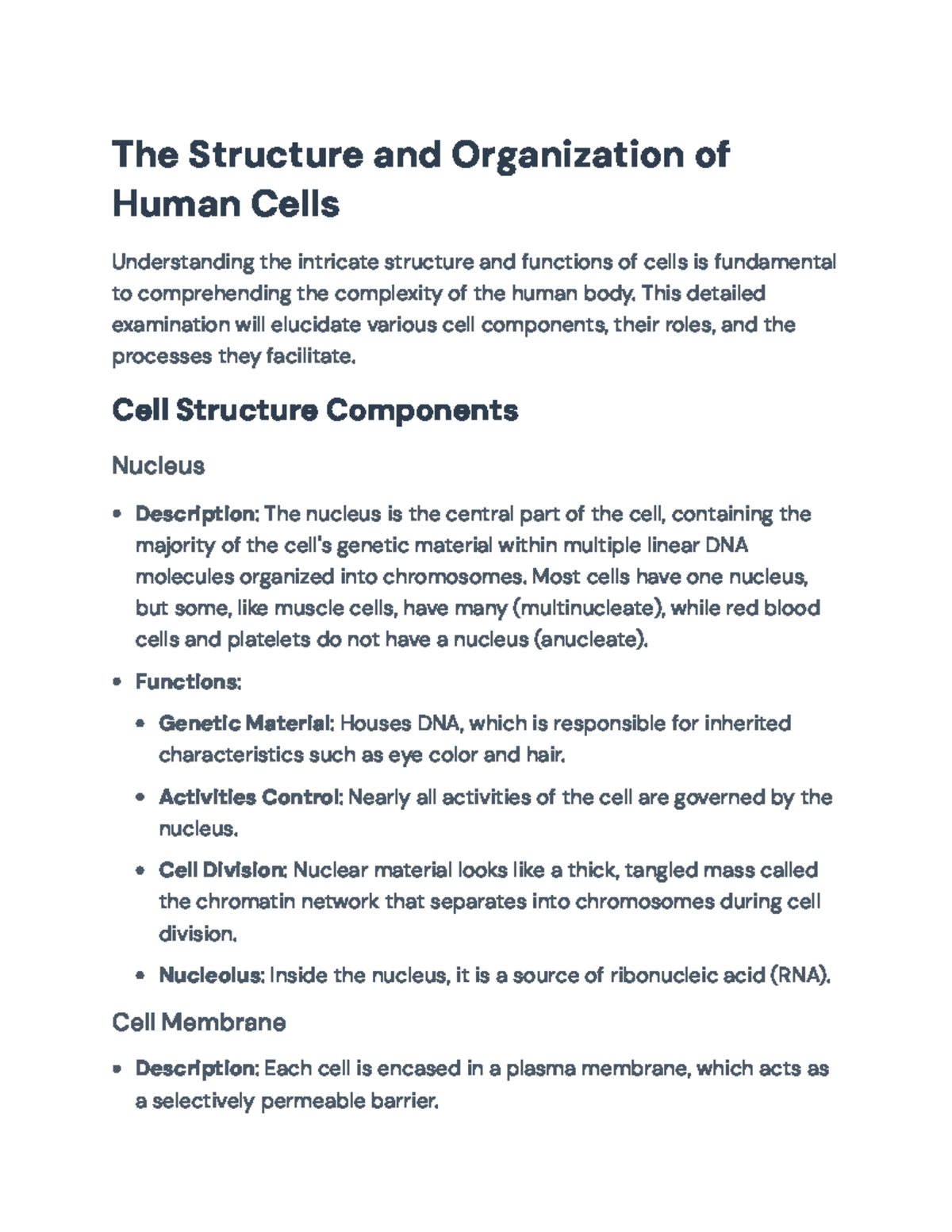 Understanding Human Cell Structure and Function: Detailed Analysis ...