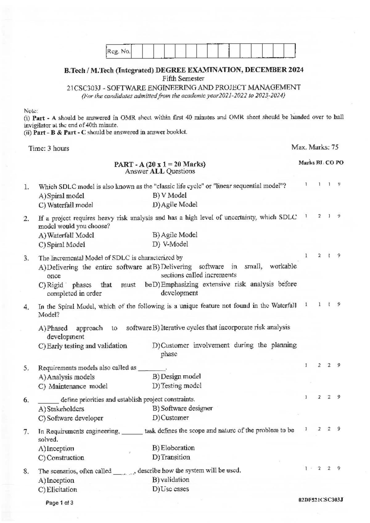 SET C - 21CSC303J Software Engineering & Project Management Answer Key ...