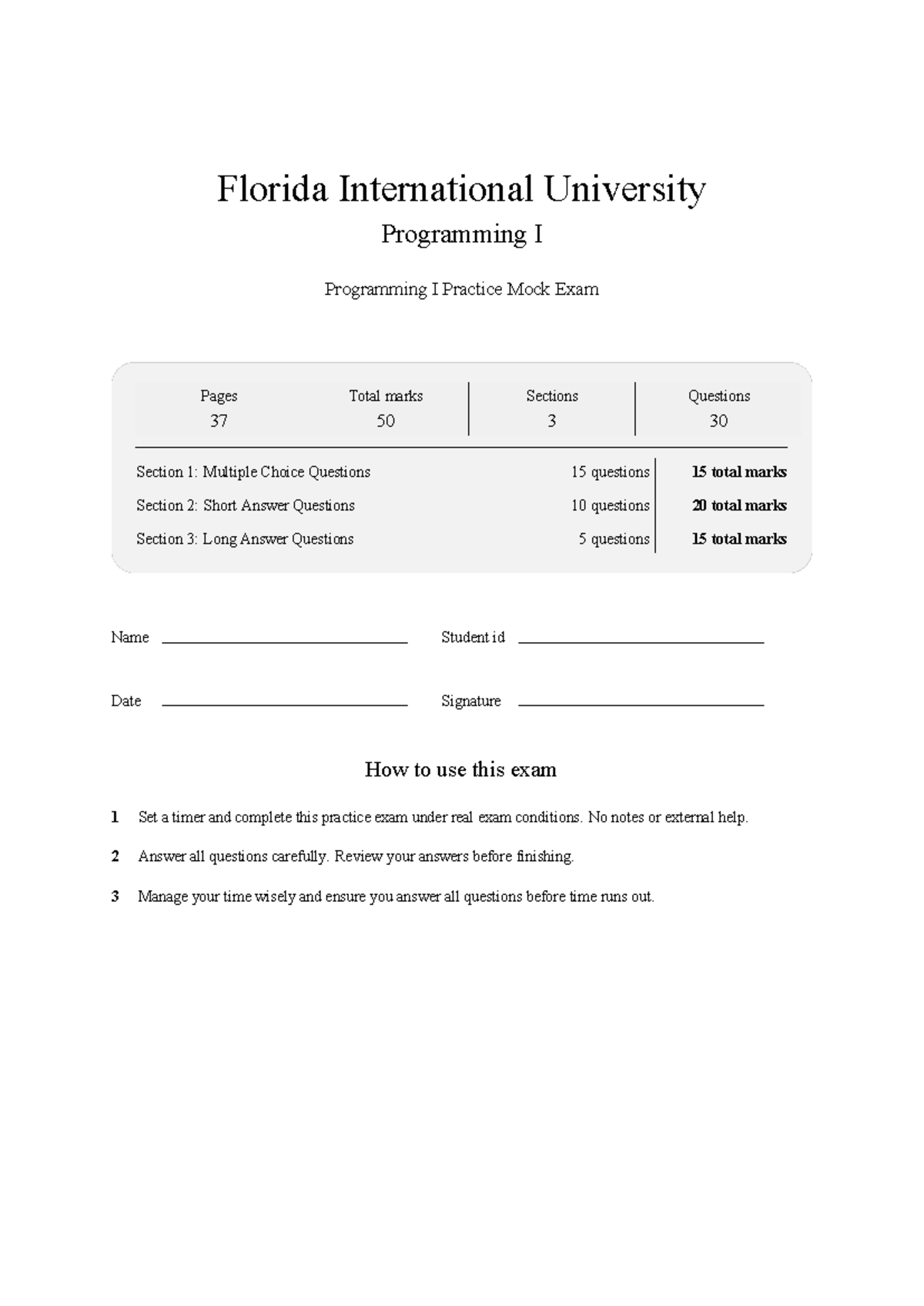 COP 2210 Programming I FIU Practice Mock Exam 2026 - Studocu