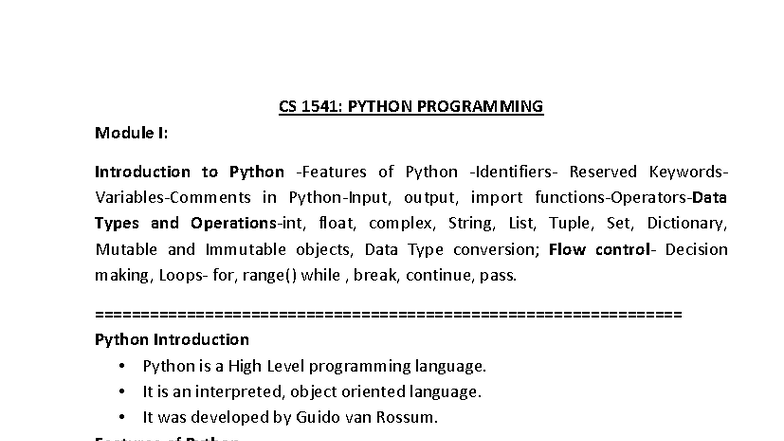 CS 1541: Module I - Intro to Python Programming Concepts - Studocu