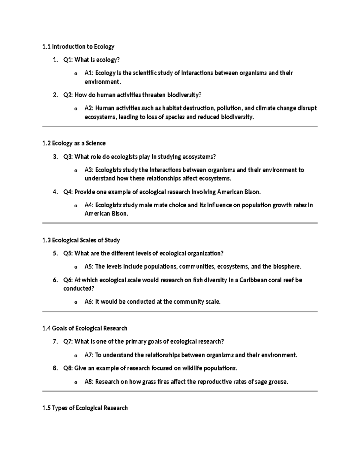 Exam questions - Practice material - 1 Introduction to Ecology 1. Q1 ...