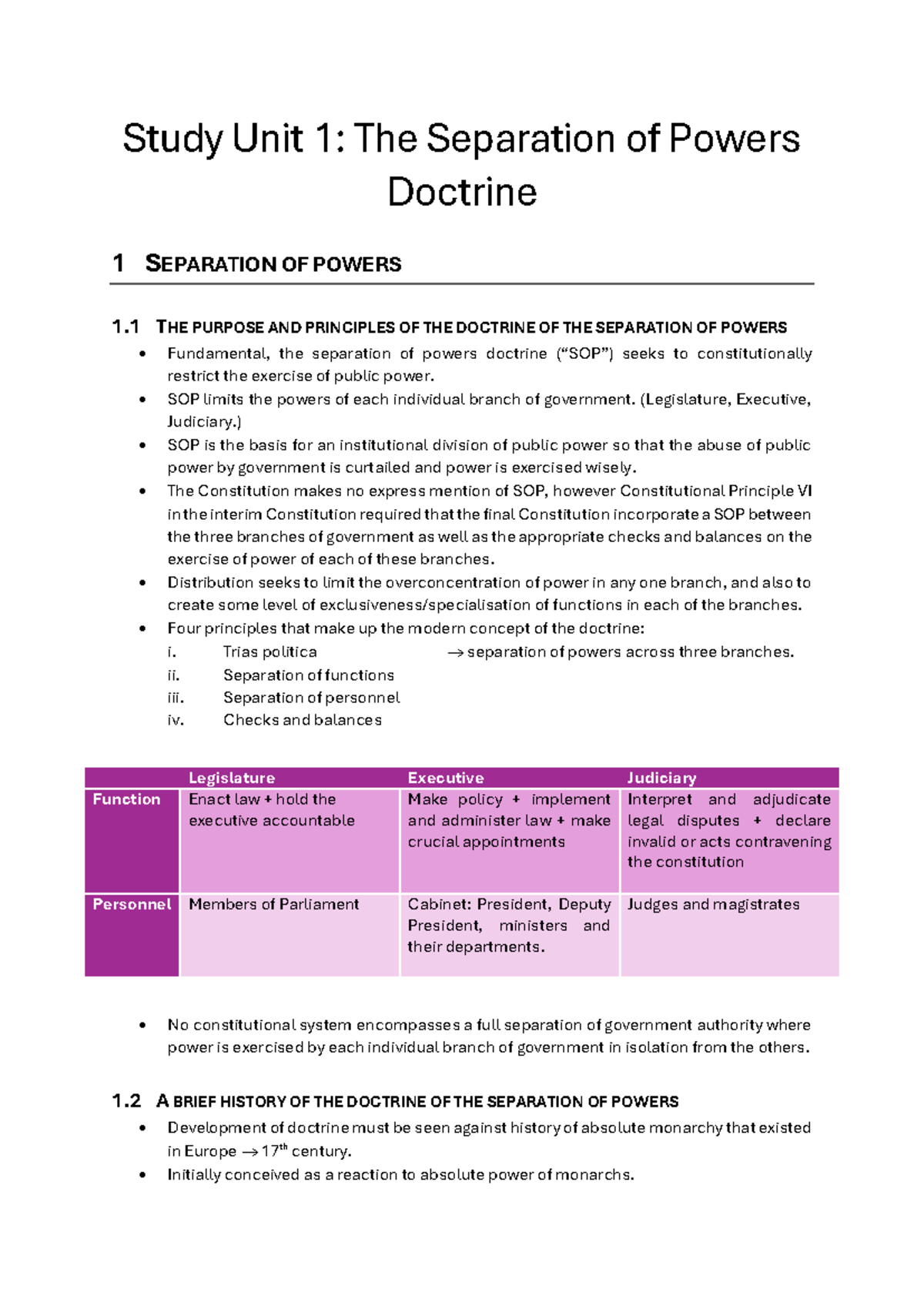Constitutional Law 214: Study Unit 1 - Separation of Powers Doctrine ...