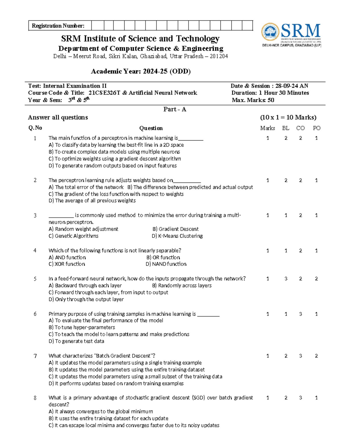21CSE326T Internal Exam II Question Paper: Artificial Neural Networks ...