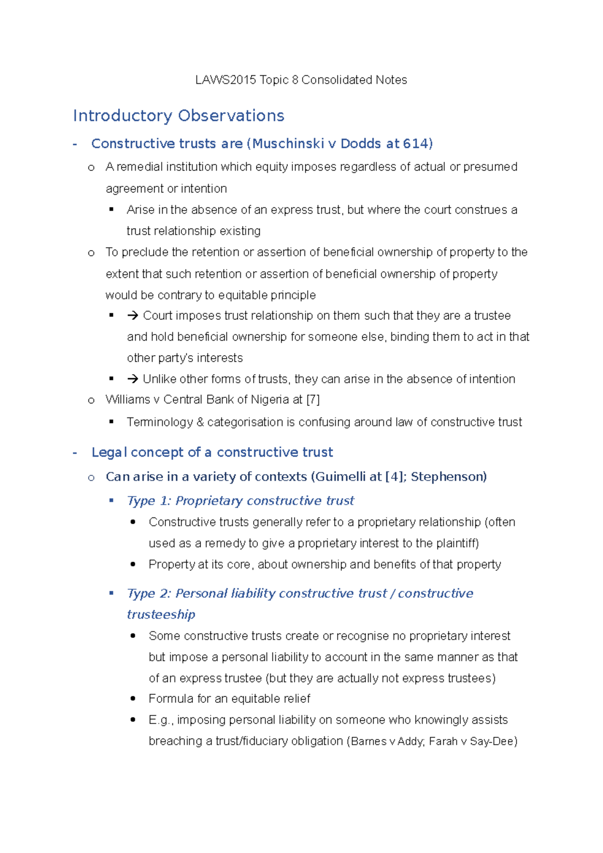 LAWS2015 Topic 8: Comprehensive Notes on Constructive Trusts - Studocu