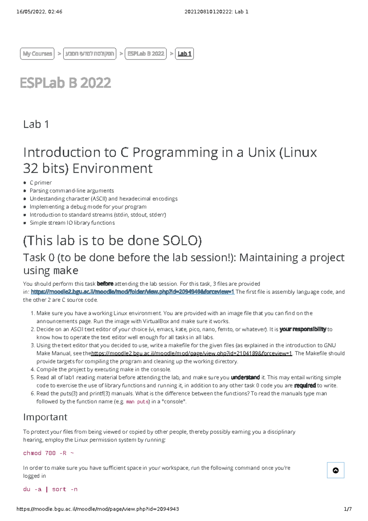 Lab1 - ESPLab B 2022 Lab 1 Introduction to C Programming in a Unix ...