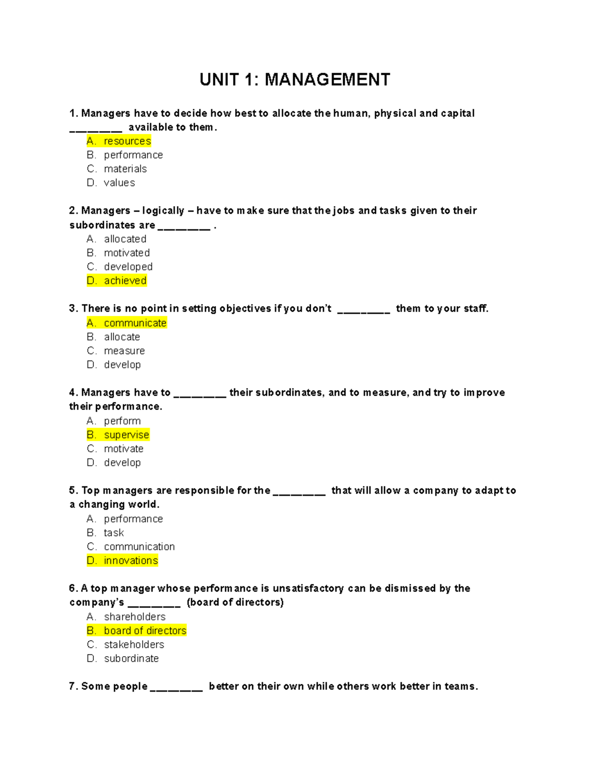 Management Unit 1 Study Notes: Key Concepts and Quiz Questions - Studocu
