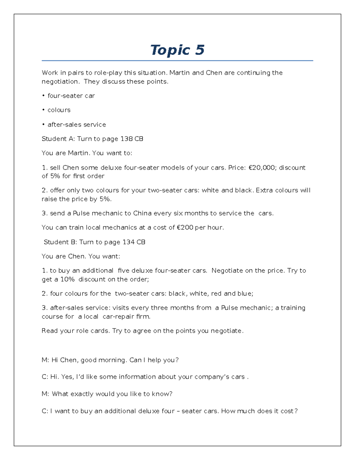 Speaking Test Role-Play: Topic 5, Unit 3 Negotiation Insights - Studocu