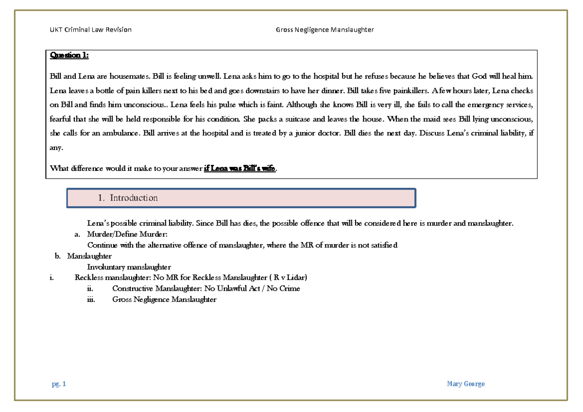 UKT Criminal Law Revision: Gross Negligence Manslaughter Analysis - Studocu