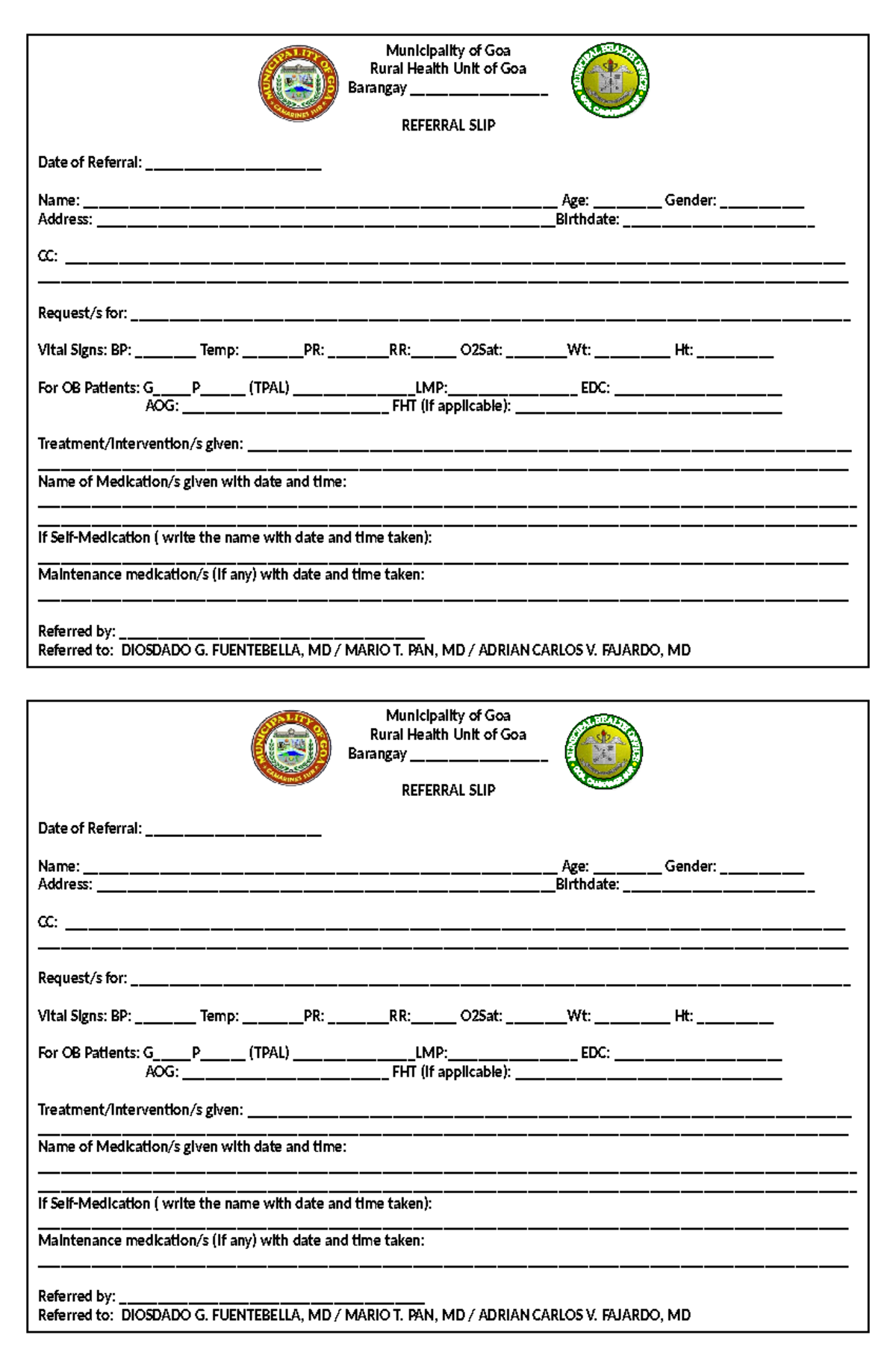 Referral Slip for BHS to RHU - Municipality of Goa - Studocu