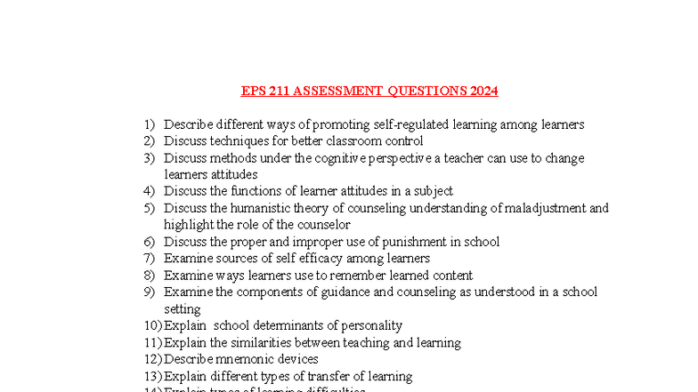 EPS 211 Learning & Teaching Assessment Questions 2024 - Studocu