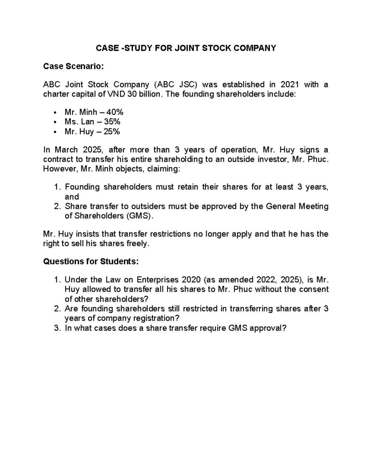 CASE STUDY: Share Transfer Issues in ABC JSC - Studocu