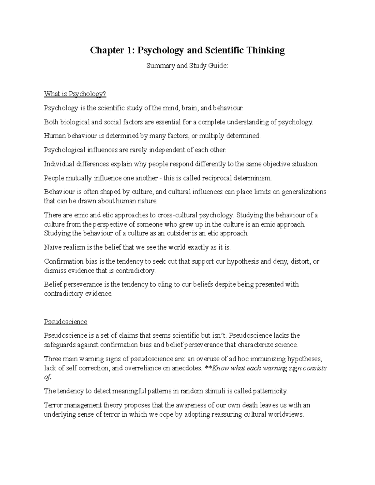 PSY101 Chapter 1 Study Guide: Psychology and Scientific Thinking - Studocu