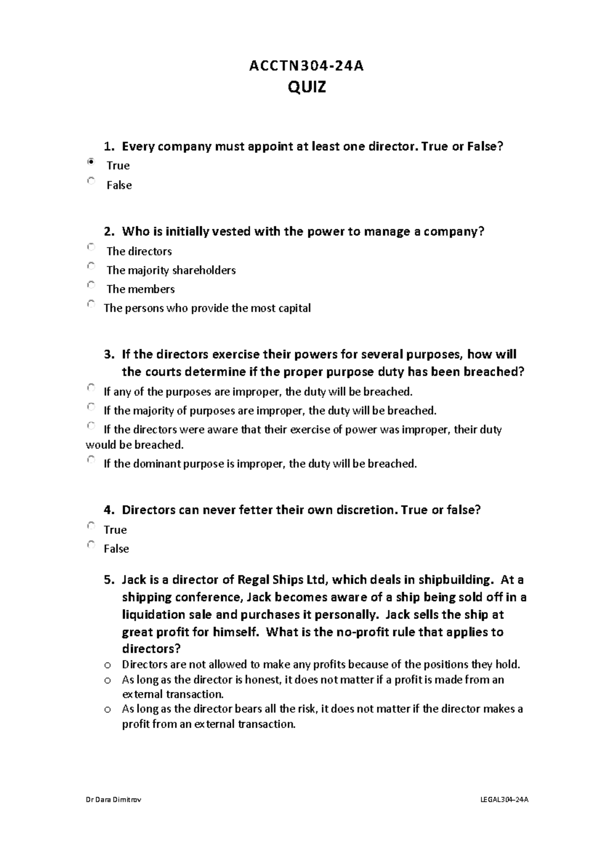 Directors' Duties Quiz - LEGAL304-24A Multi-Choice Questions 2024 - Studocu