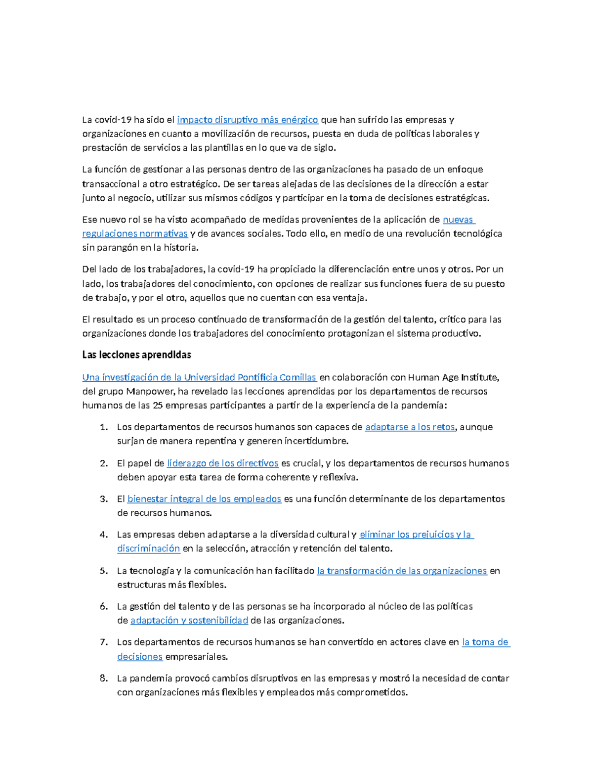 Rh en la pandemia - trabajo ensayo - La covid-19 ha sido el impacto ...