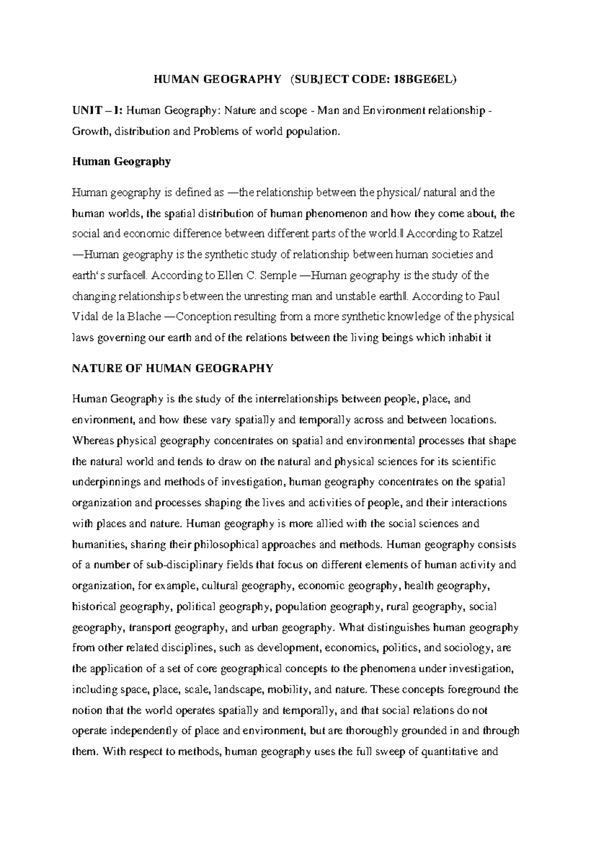 18BGE6EL-U1 - Comprehensive Notes on Human Geography Concepts - Studocu