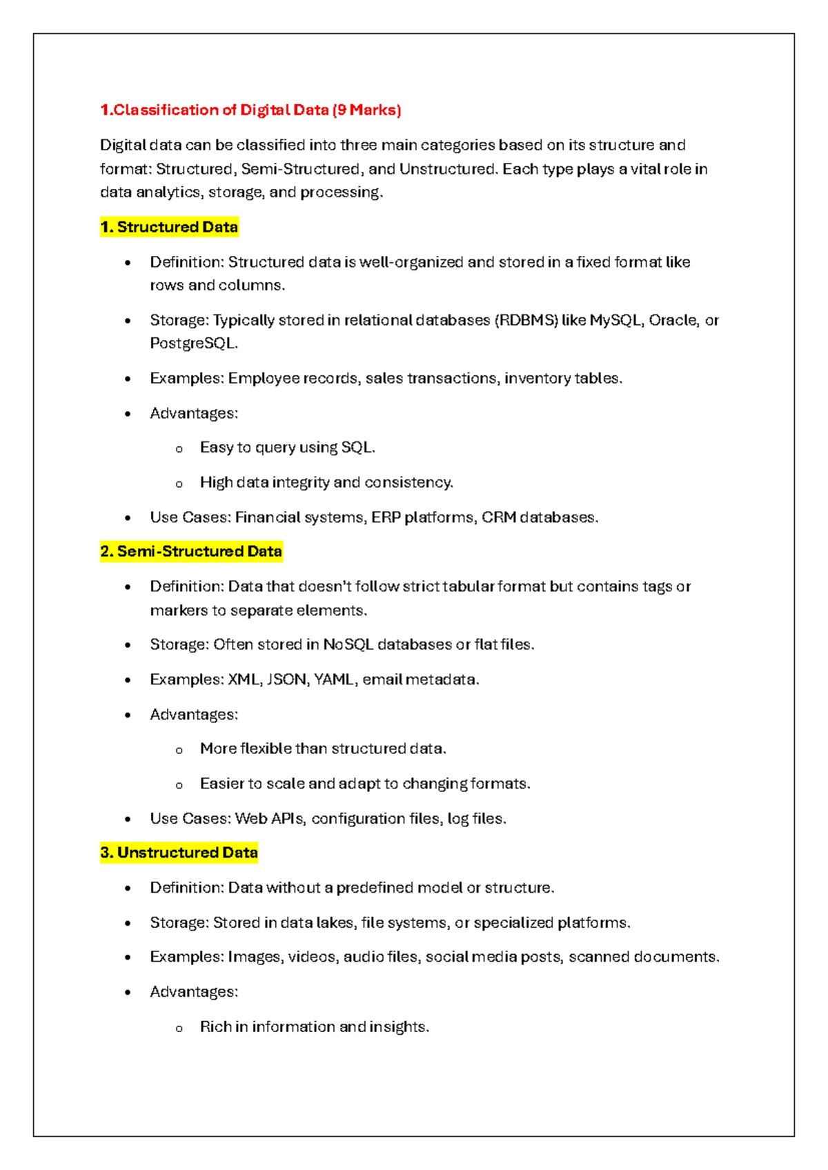 IA1 - Important Questions for Digital Data Classification and Big Data ...