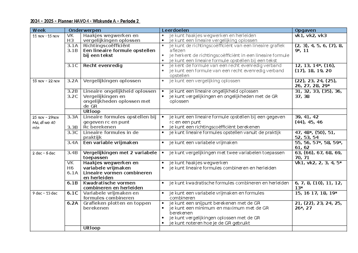 2024 - 2025 Planner HAVO 4 wis A - Periode 2 - 2024 – 2025 – Planner