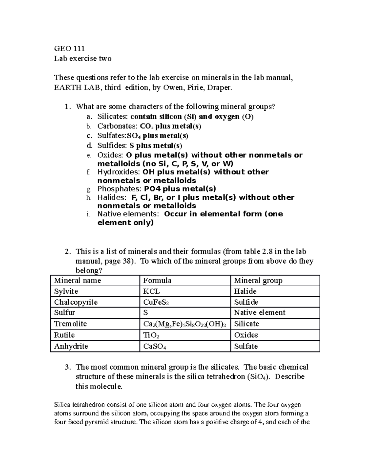 GEO 111 Lab Assignment 2: Exploring Mineral Groups and Silicates - Studocu