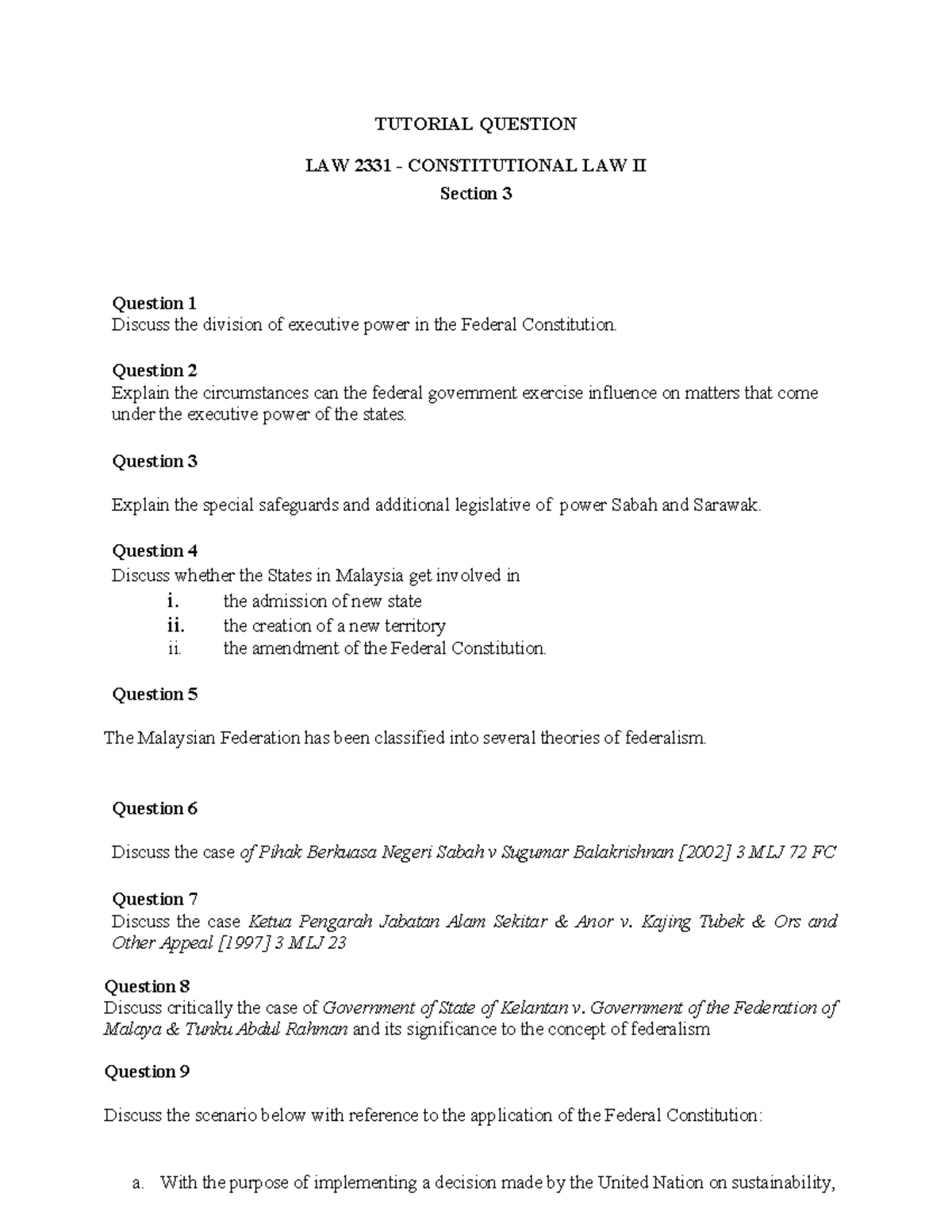 TUTORIAL 2B LAW 2331 CONSTITUTIONAL LAW II Questions on Federalism ...