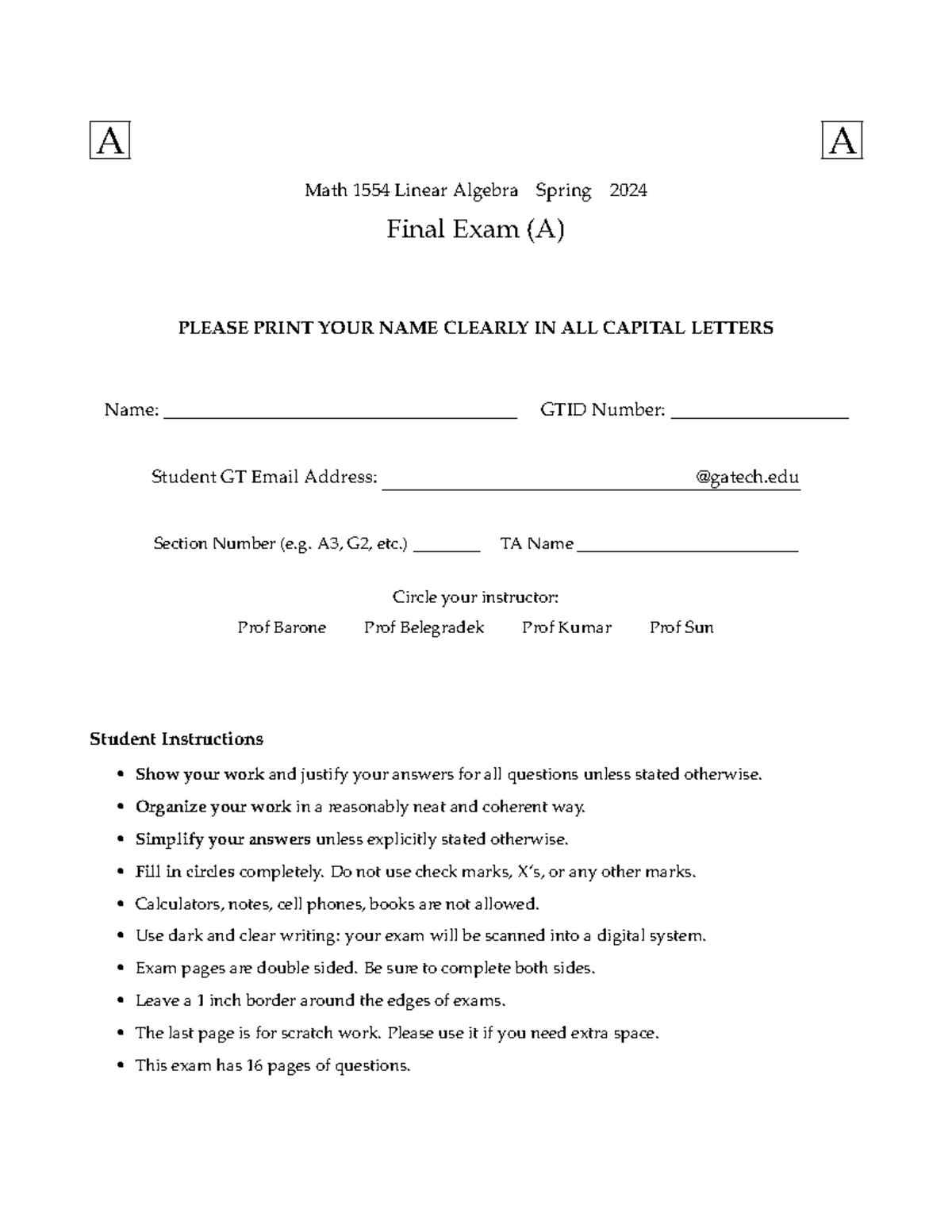 Math 1554 Spring 2024 Final Exam (A) Instructions and Questions - Studocu