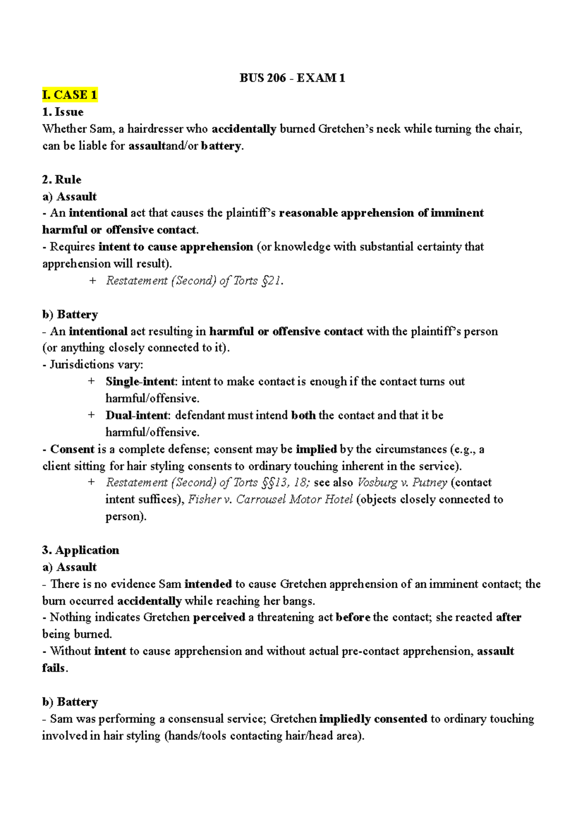 BUS 206 - EXAM 1 - Tort Law Case Analysis and Liability Issues - Studocu