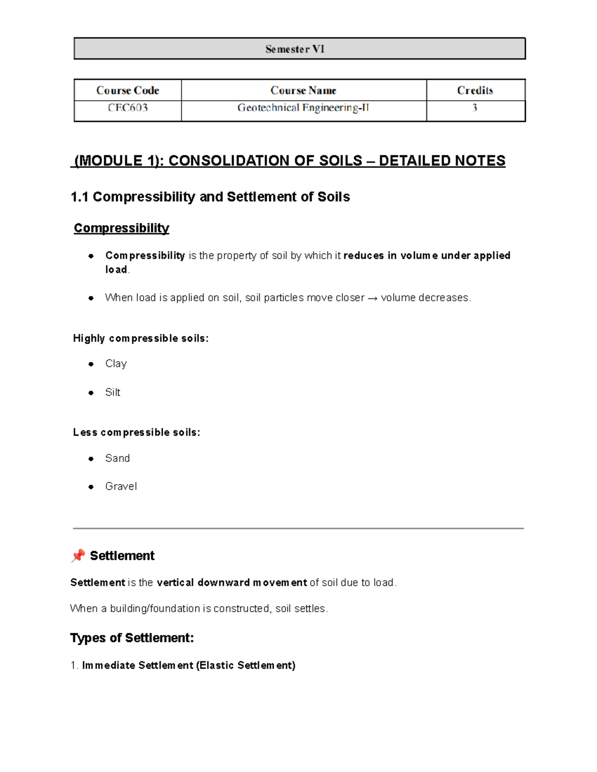 (Module 1) (GTE II) Detailed Notes on Soil Consolidation and Settlement ...