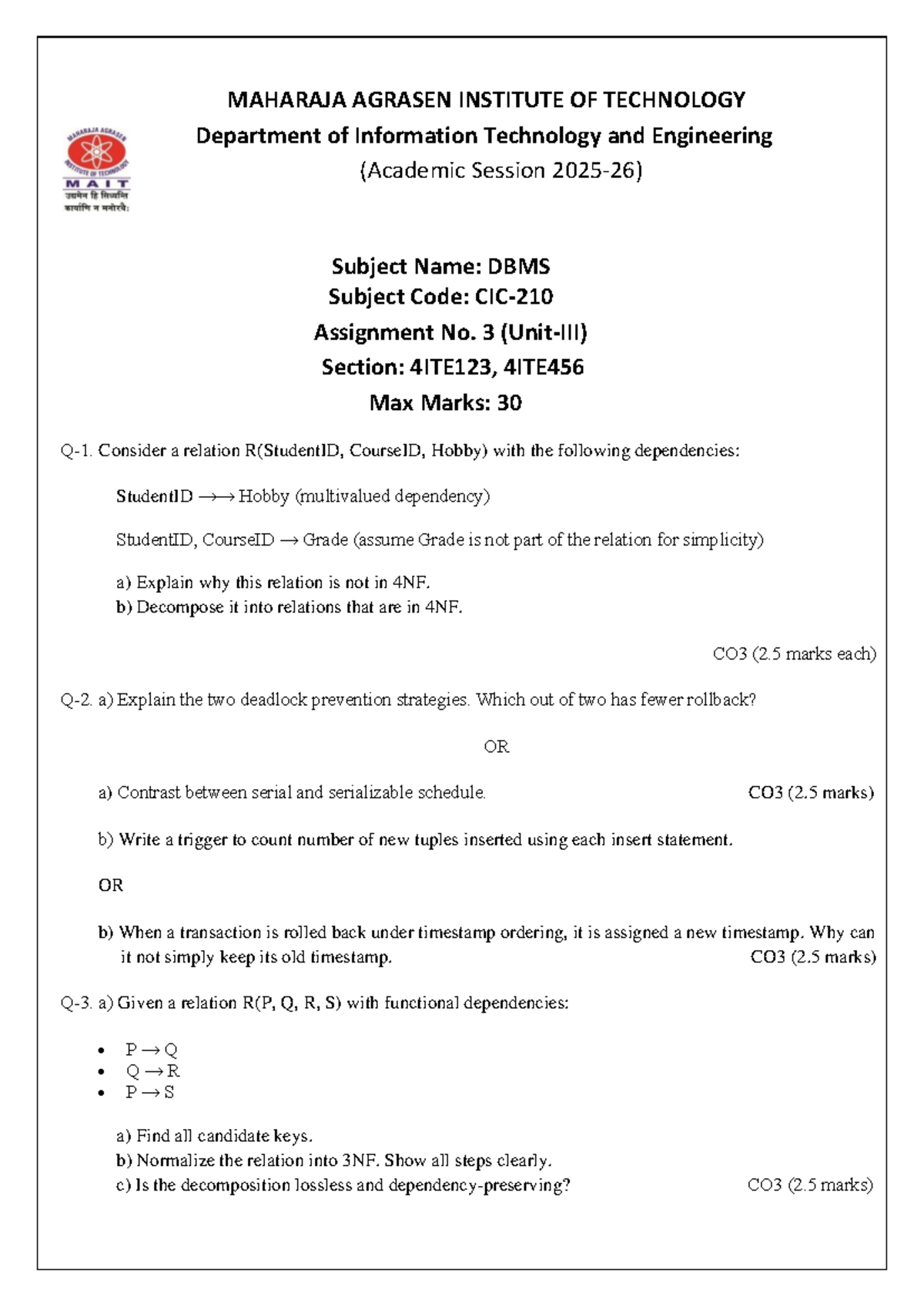 4ITE123, 4ITE456 DBMS Assignment 3: 4NF & Transaction Management - Studocu