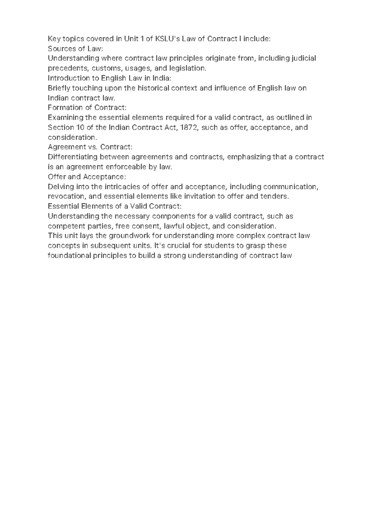 Key Topics in Unit 1: KSLU Law of Contract I Overview - Studocu