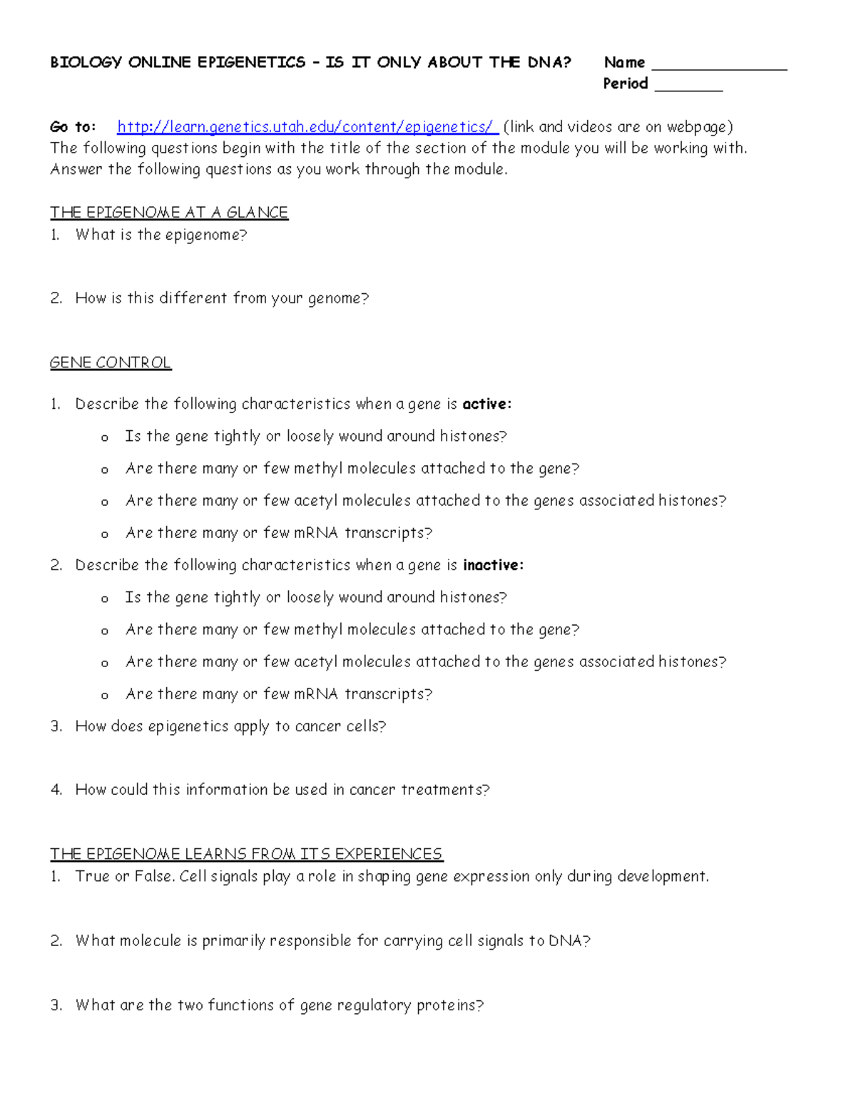 BIO 101 Epigenetics Webquest Key: Understanding DNA & Beyond - Studocu