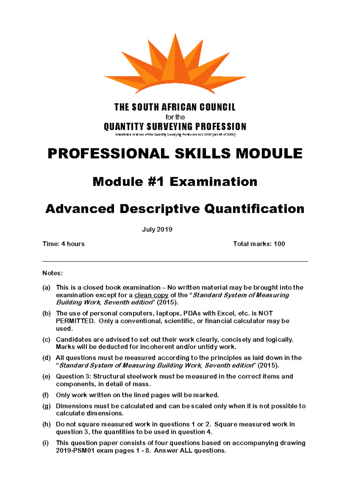 2019 PSM01 Advanced Descriptive Quantification Exam Paper and ...